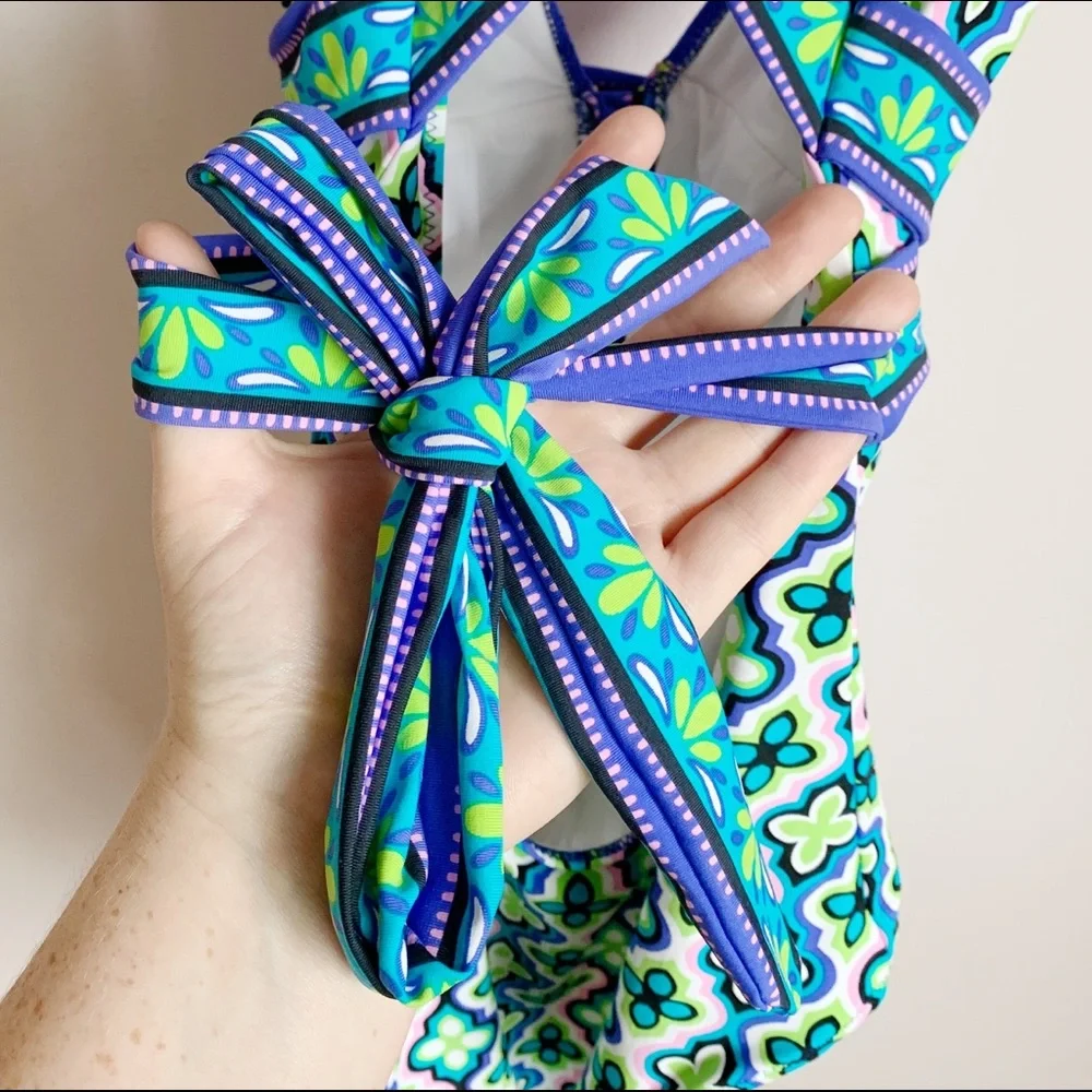 Trina Turk Patterned, Strappy One-Piece Swimsuit, Deep Plunge Front - Picture 6 of 8